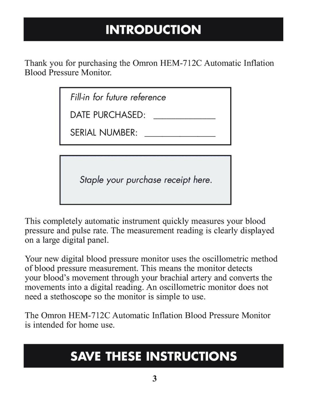 Omron Healthcare HEM-712C manual Introduction, Staple your purchase receipt here 