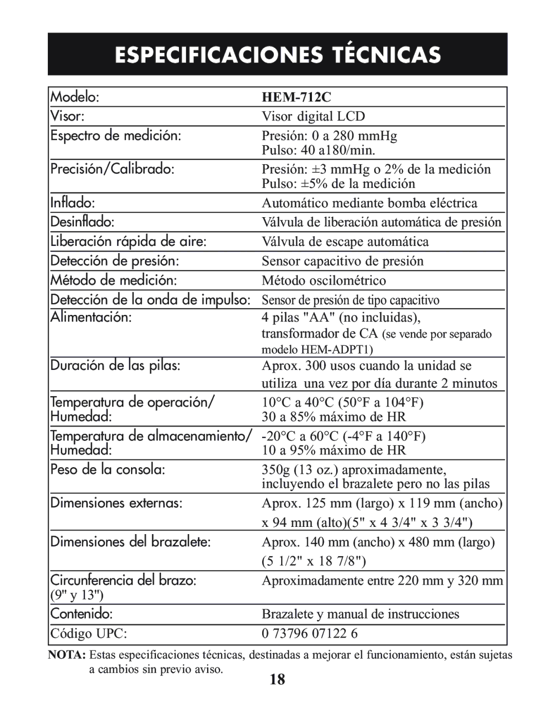 Omron Healthcare HEM-712C manual Especificaciones Técnicas, Contenido 