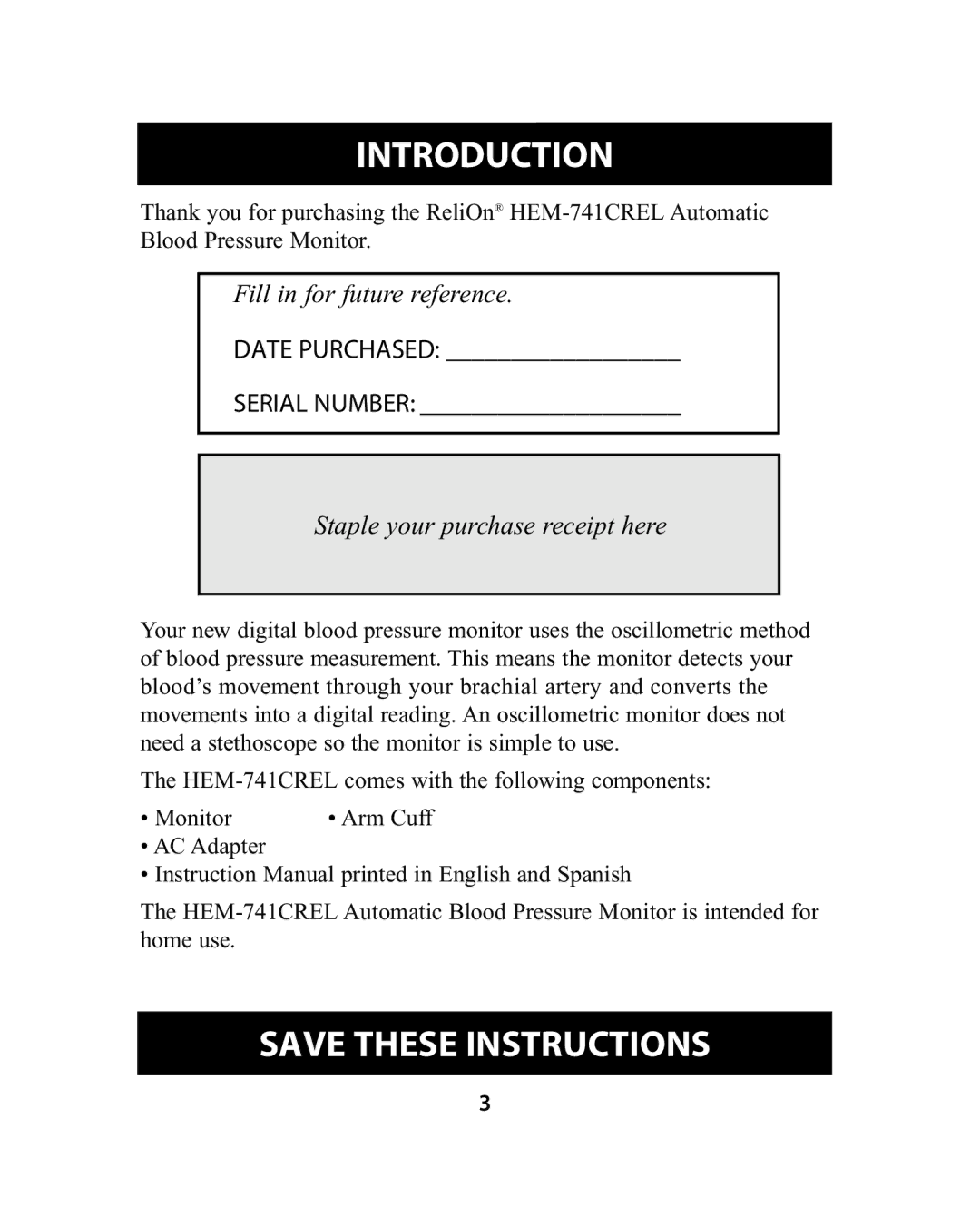 Omron Healthcare HEM-741CREL manual Introduction, Staple your purchase receipt here 