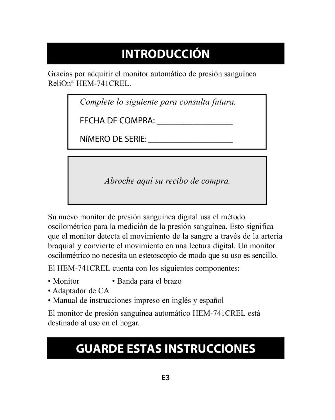 Omron Healthcare HEM-741CREL manual Introducción, Guarde Estas Instrucciones 