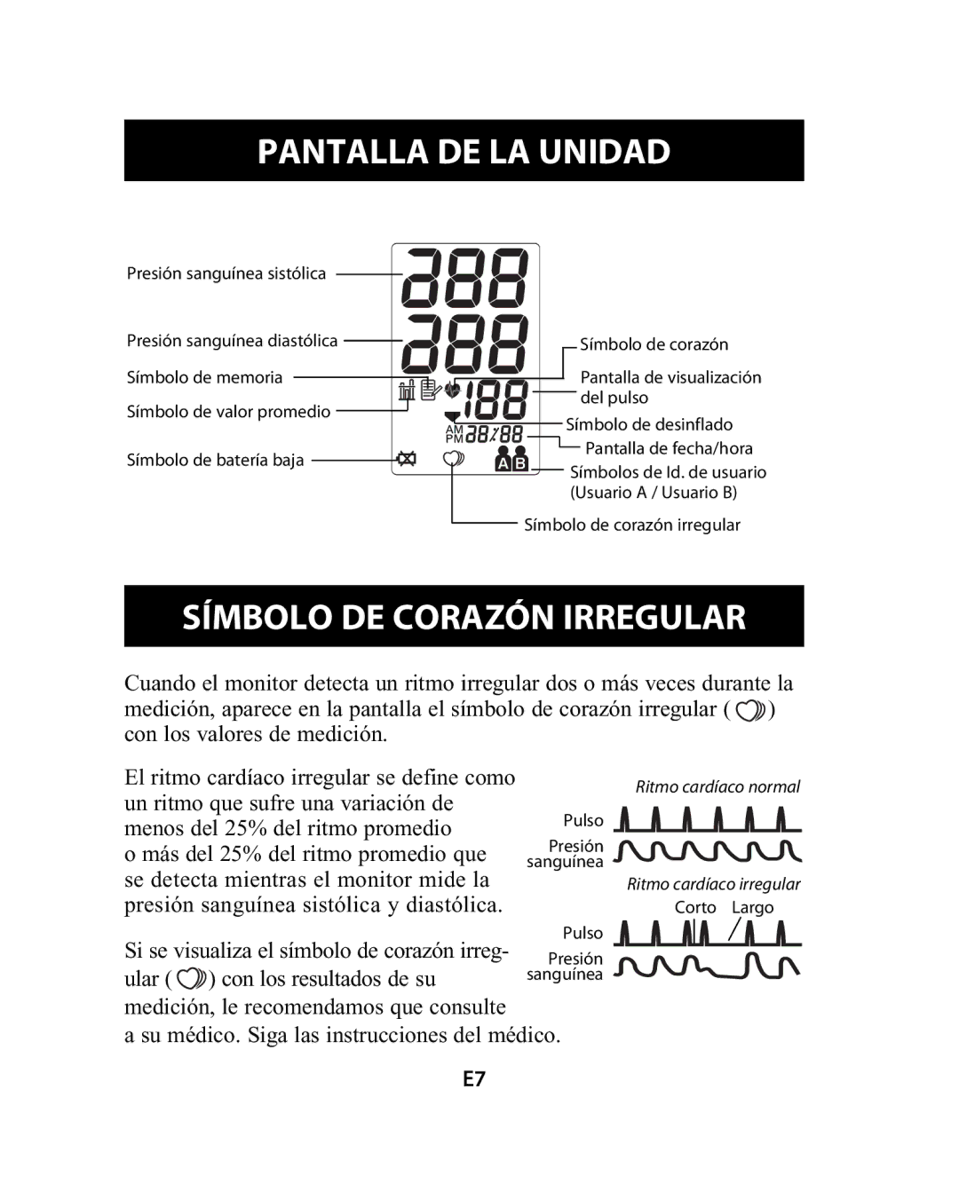 Omron Healthcare HEM-741CREL manual Pantalla DE LA Unidad, Símbolo DE Corazón Irregular 