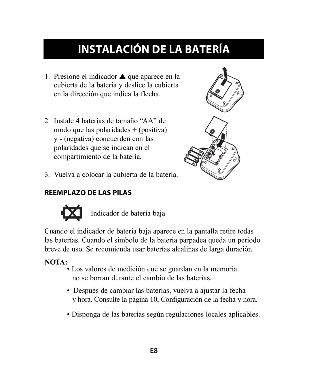 Omron Healthcare HEM-741CREL manual Instalación DE LA Batería, Reemplazo DE LAS Pilas, Nota 