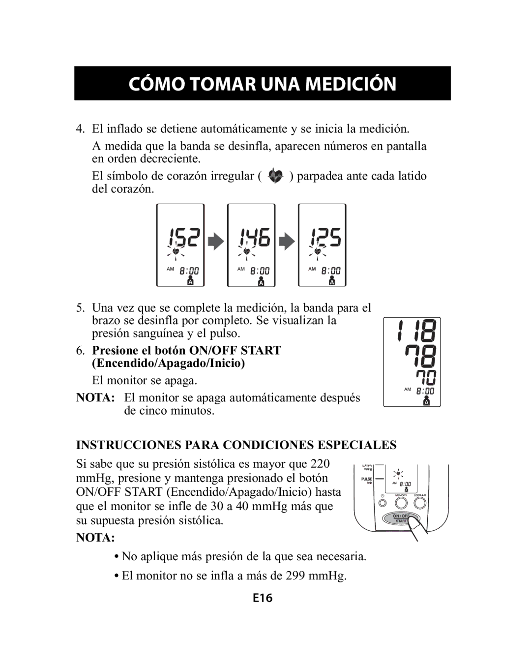 Omron Healthcare HEM-741CREL manual Instrucciones Para Condiciones Especiales 