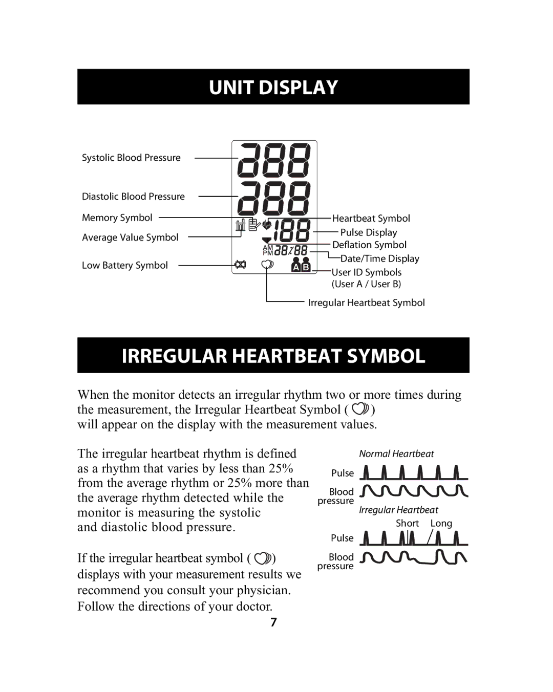 Omron Healthcare HEM-741CREL manual Unit Display, Irregular Heartbeat Symbol 