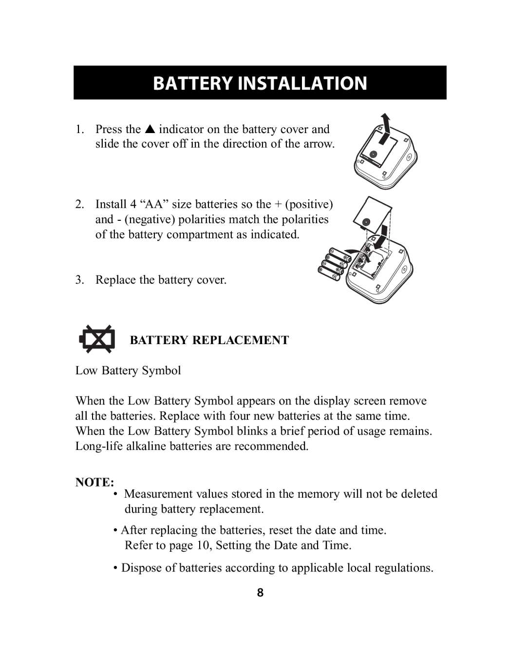 Omron Healthcare HEM-741CREL manual Battery Installation, Battery Replacement 