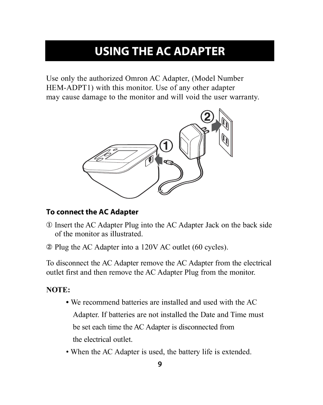 Omron Healthcare HEM-741CREL manual Using the AC Adapter, To connect the AC Adapter 