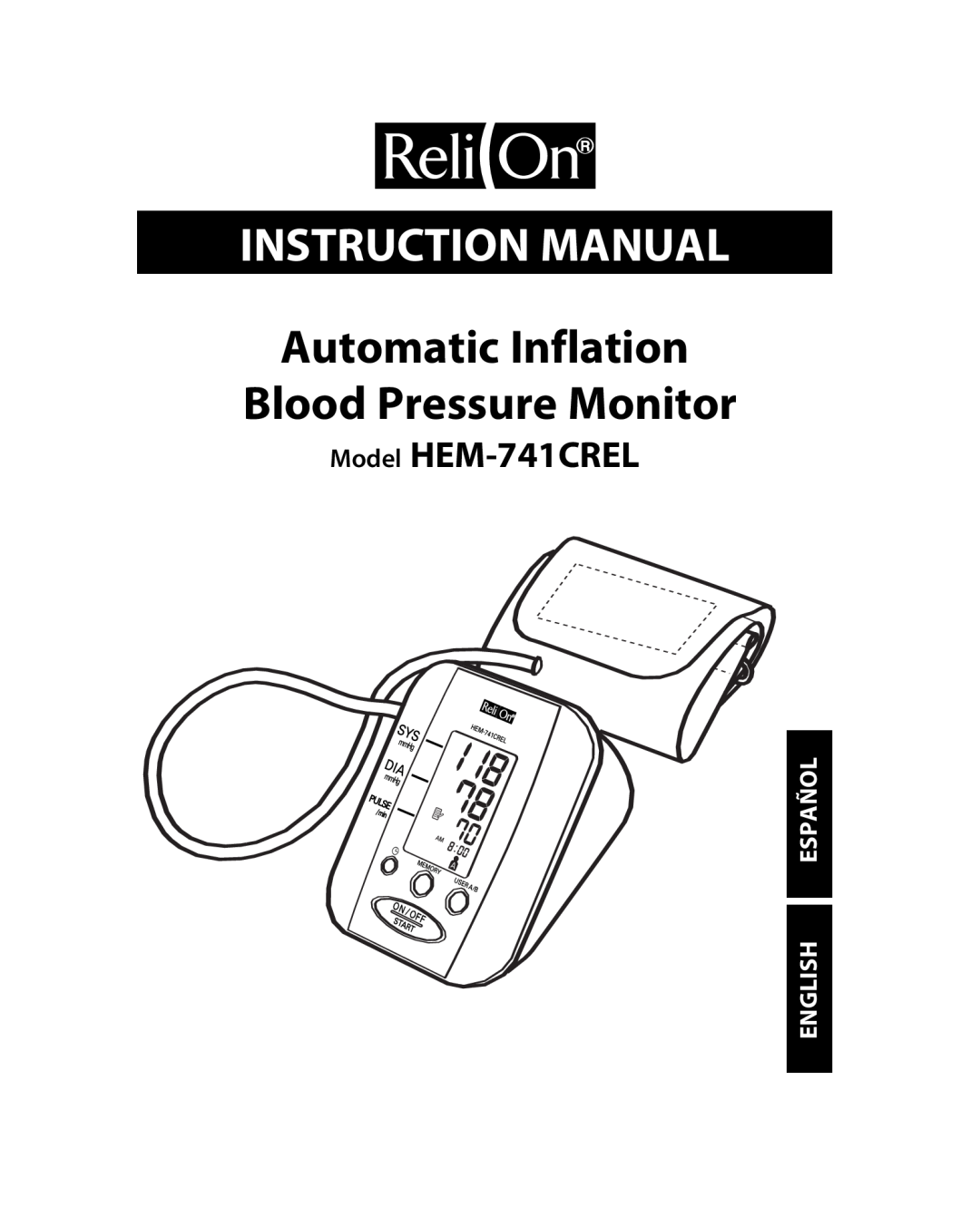 Omron Healthcare manual Instruction Manual, Automatic Inflation Blood Pressure Monitor, Model HEM-741CREL 
