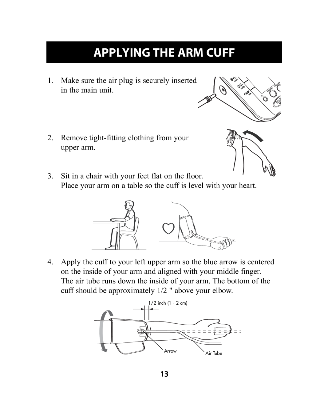 Omron Healthcare HEM-741CREL manual Applying The Arm Cuff 