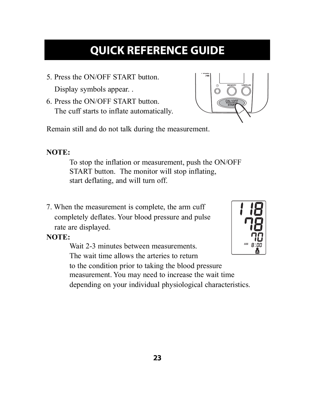 Omron Healthcare HEM-741CREL manual Quick Reference Guide, Press the ON/OFF START button Display symbols appear 