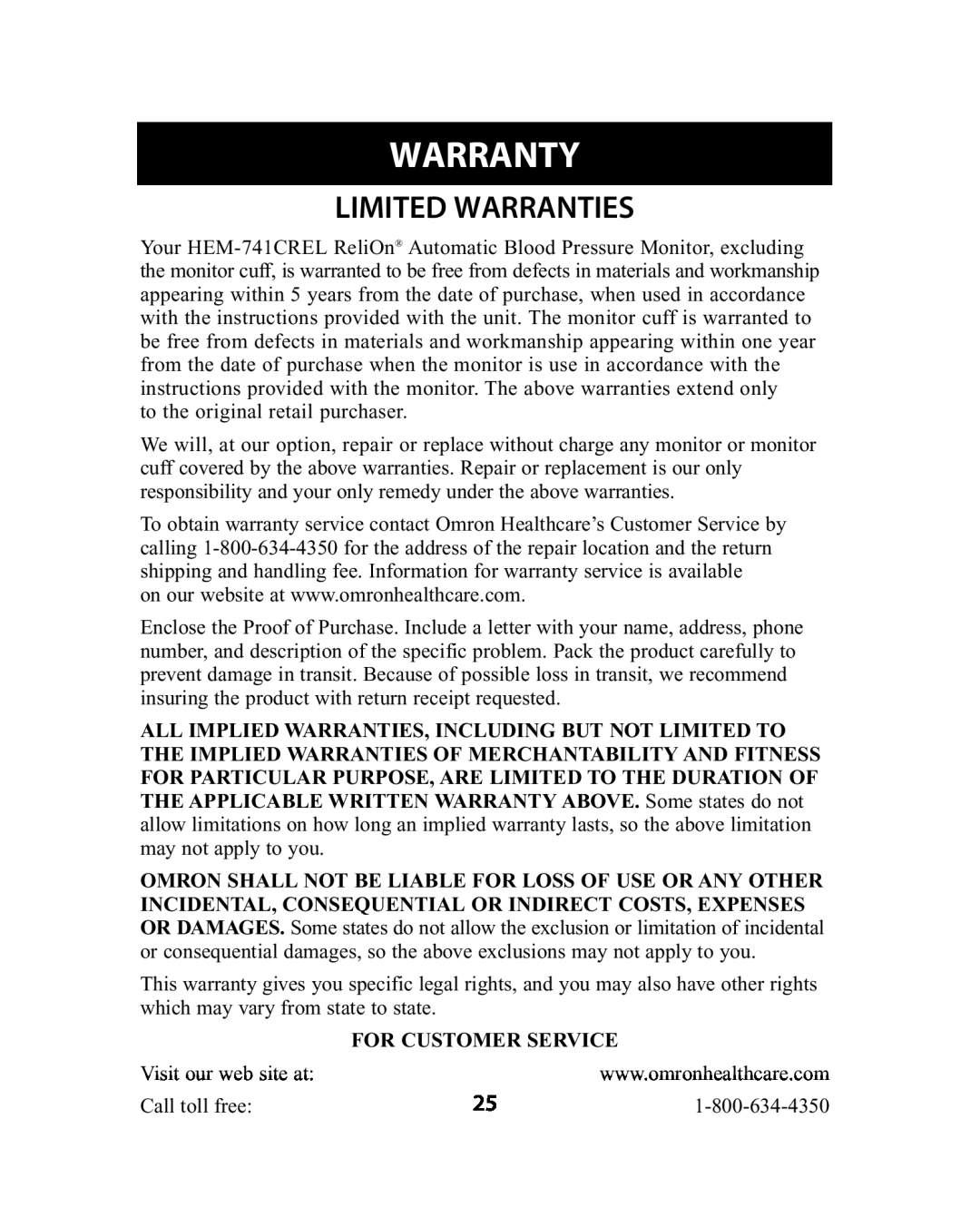 Omron Healthcare HEM-741CREL manual Warranty, Limited Warranties 