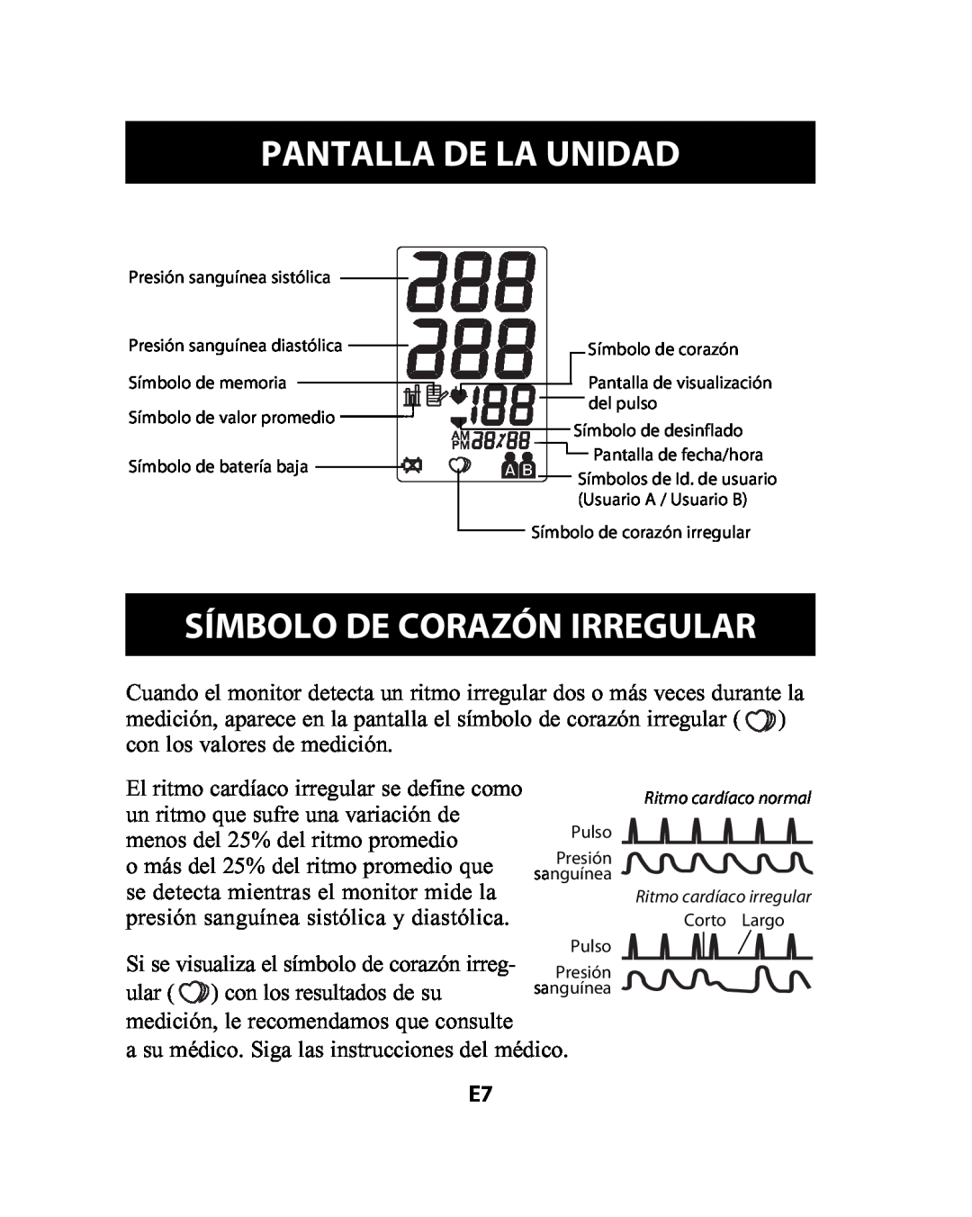 Omron Healthcare HEM-741CREL manual Pantalla De La Unidad, Símbolo De Corazón Irregular 