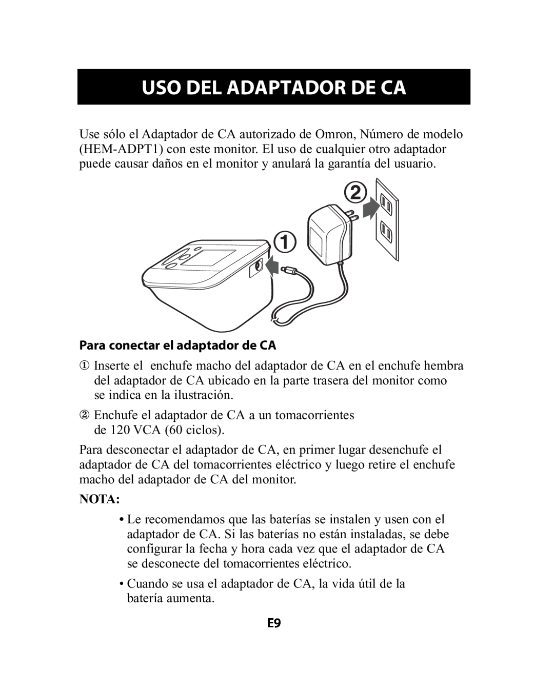 Omron Healthcare HEM-741CREL manual Uso Del Adaptador De Ca, Para conectar el adaptador de CA, Nota 
