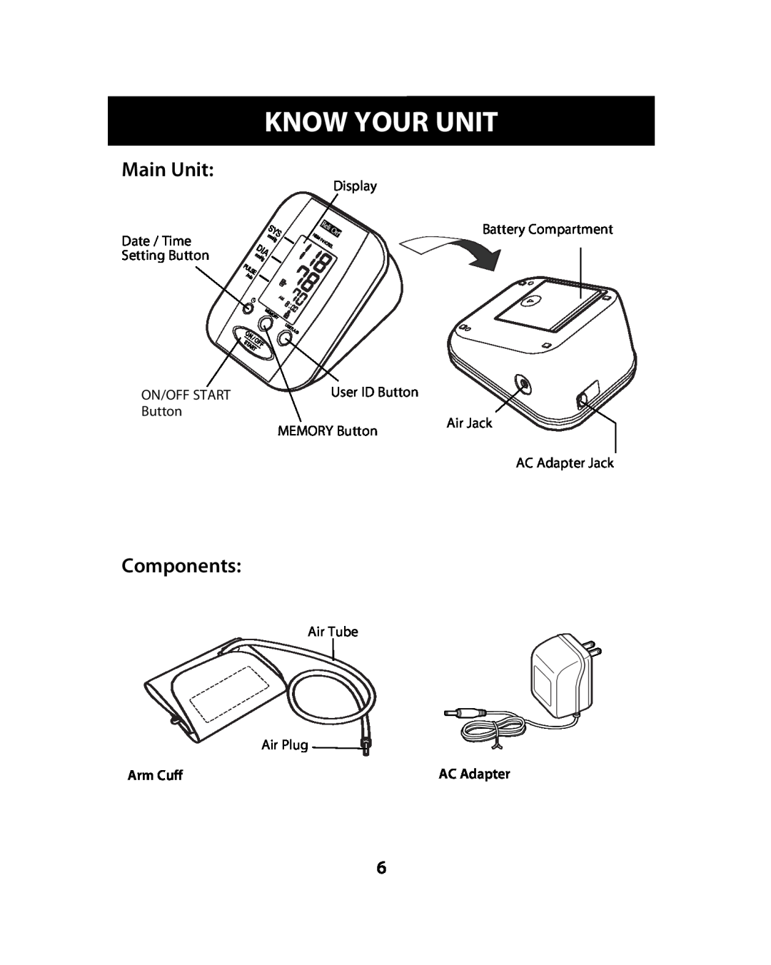 Omron Healthcare HEM-741CREL Know Your Unit, Operating Instructions, Main Unit, Components, Arm Cuff, Air Jack, AC Adapter 