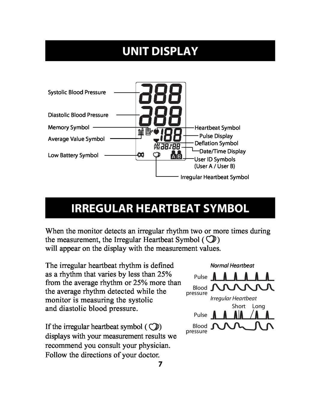 Omron Healthcare HEM-741CREL manual Unit Display, Irregular Heartbeat Symbol 