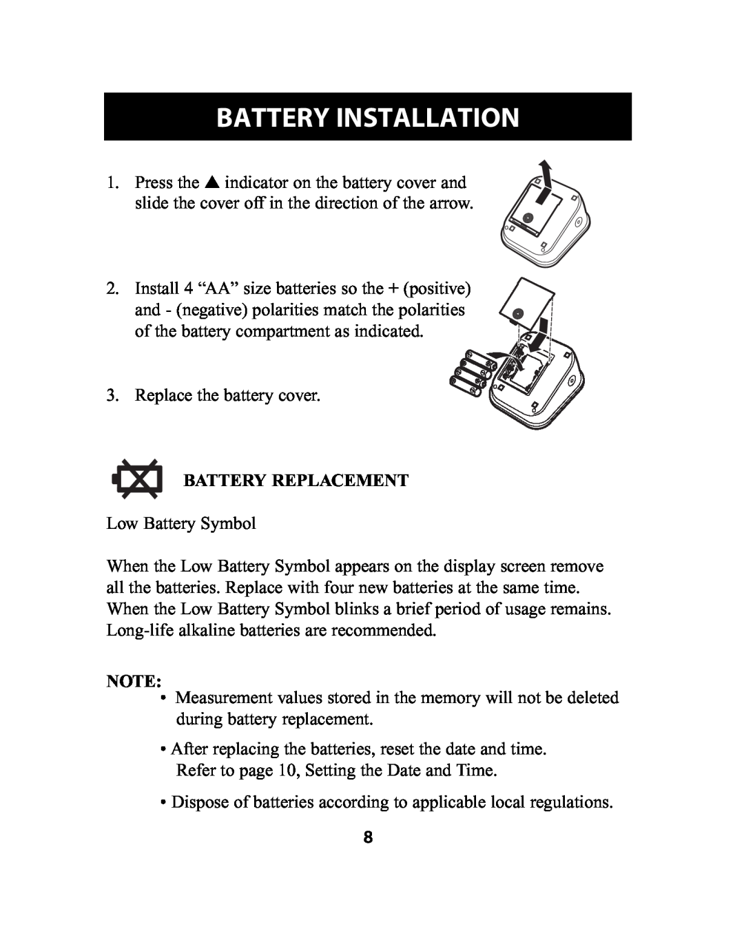 Omron Healthcare HEM-741CREL manual Battery Installation, Battery Replacement 