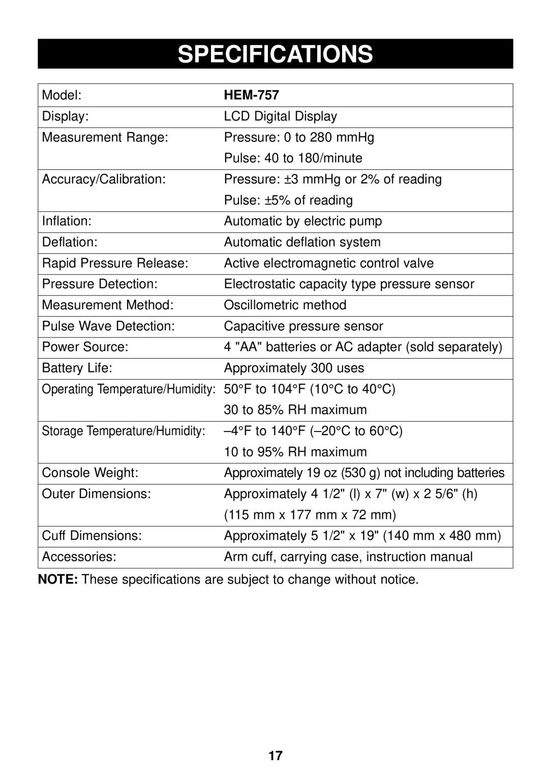 Omron Healthcare HEM-757 manual Specifications 