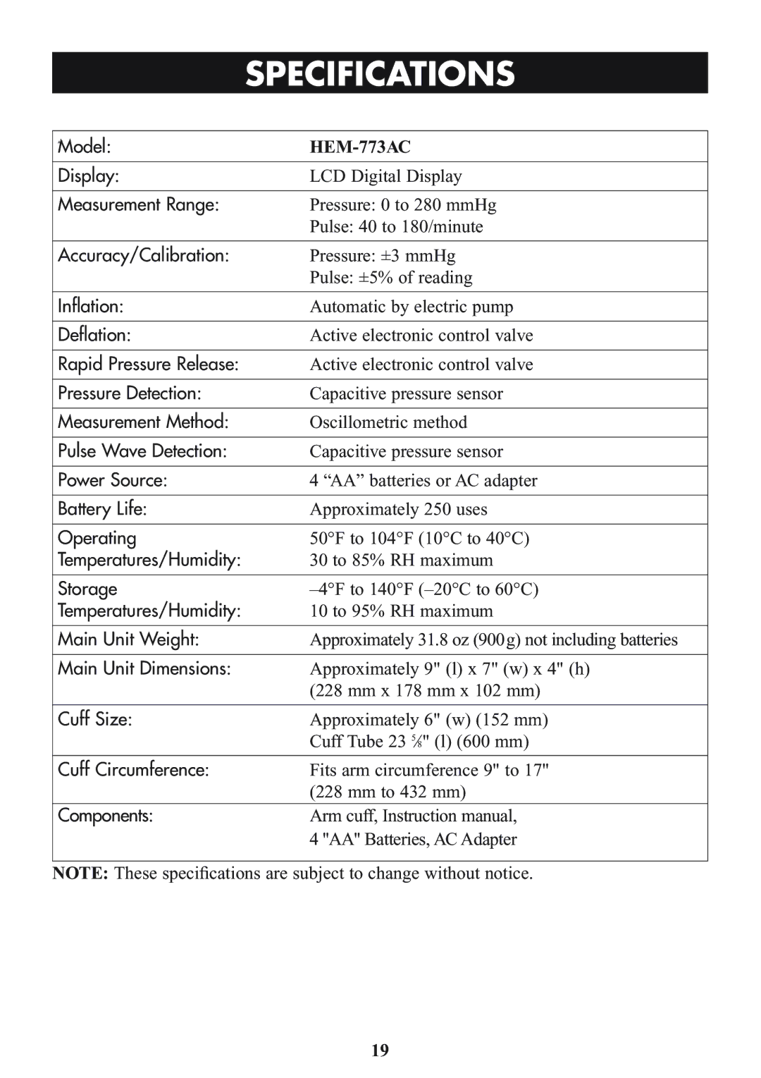 Omron Healthcare HEM-773AC manual Specifications 