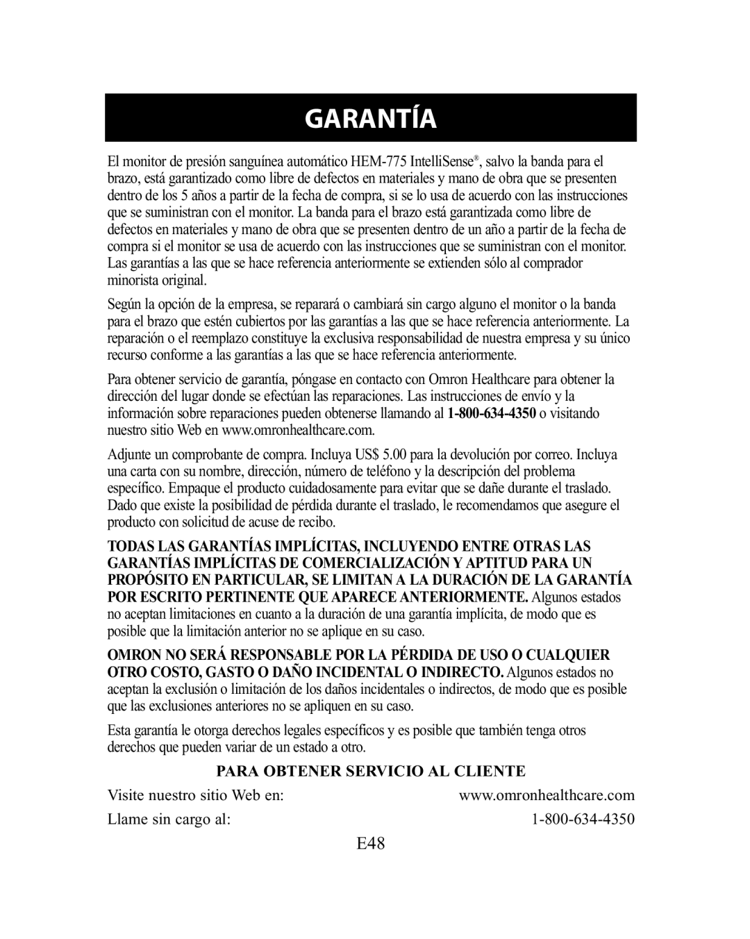 Omron Healthcare HEM-775 instruction manual Garantía 