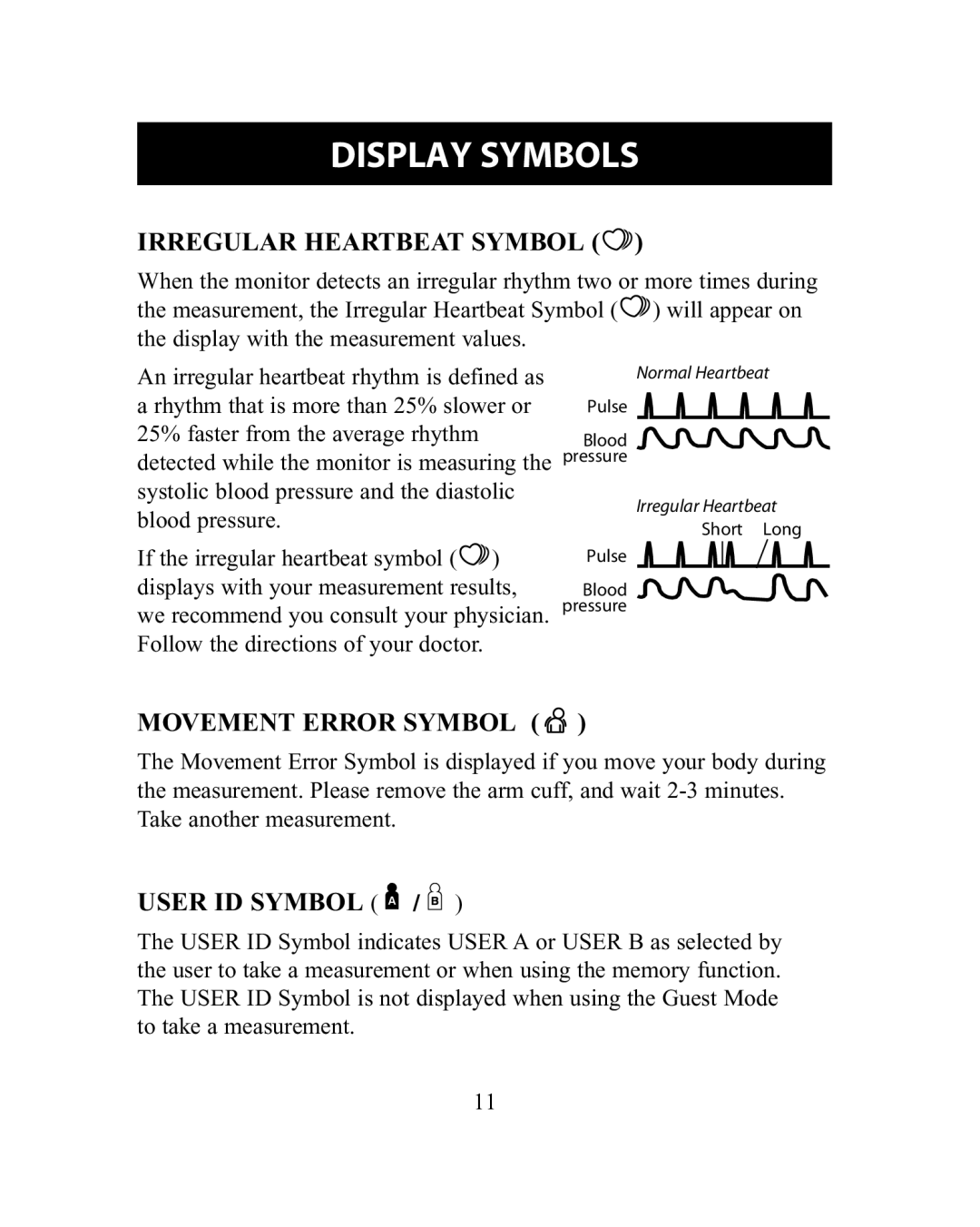 Omron Healthcare HEM-775 instruction manual Display Symbols, Irregular Heartbeat Symbol, Movement Error Symbol 