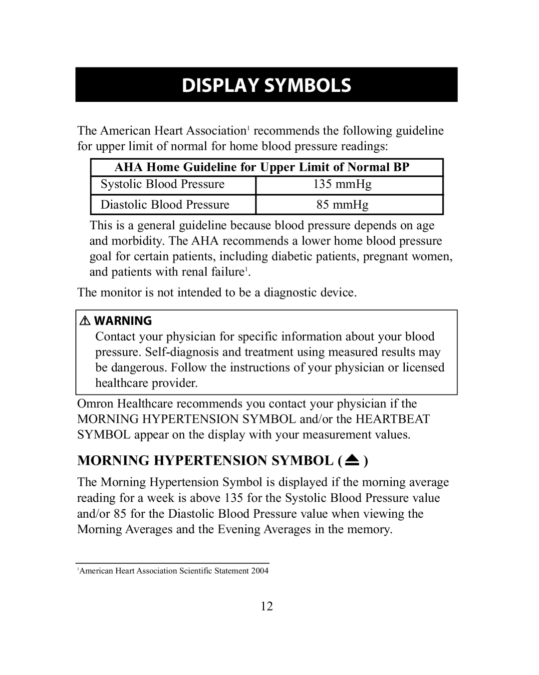 Omron Healthcare HEM-775 instruction manual Morning Hypertension Symbol, AHA Home Guideline for Upper Limit of Normal BP 