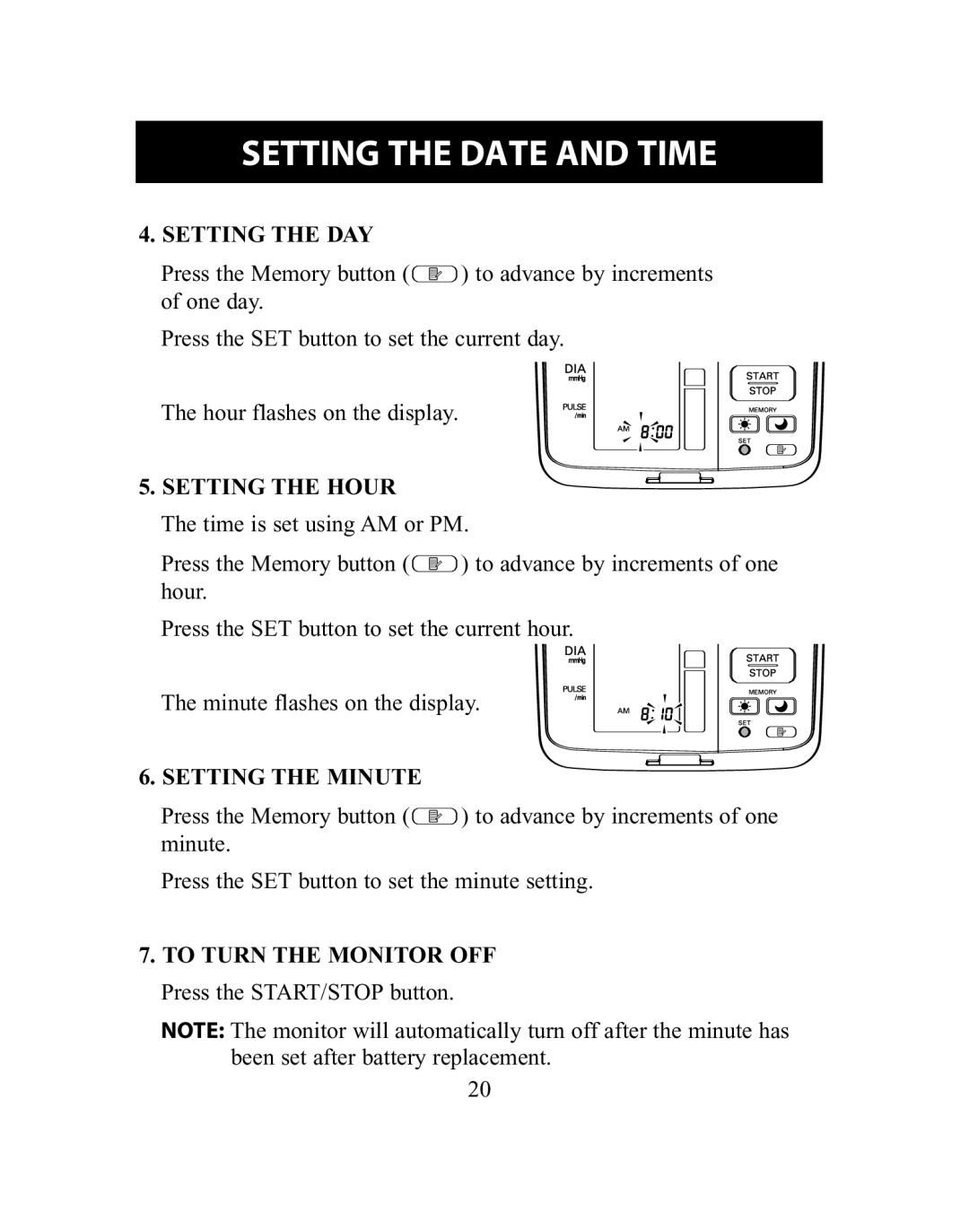 Omron Healthcare HEM-775 instruction manual Setting the DAY, Setting the Hour, Setting the Minute 