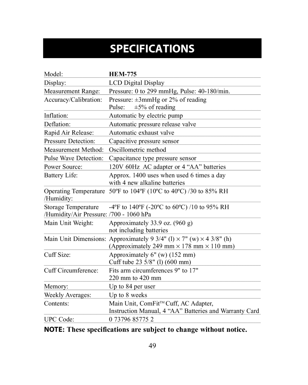 Omron Healthcare HEM-775 instruction manual Specifications 