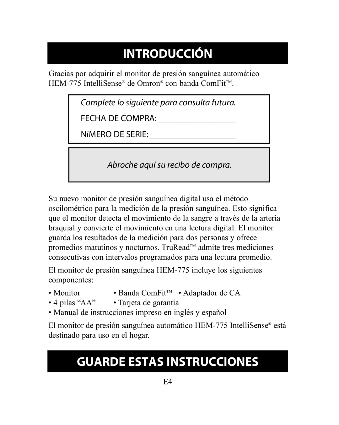 Omron Healthcare HEM-775 instruction manual Introducción, Guarde Estas Instrucciones 