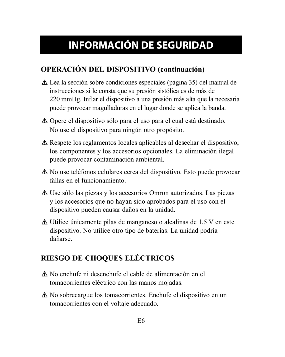 Omron Healthcare HEM-775 instruction manual Operación DEL Dispositivo continuación, Riesgo DE Choques Eléctricos 