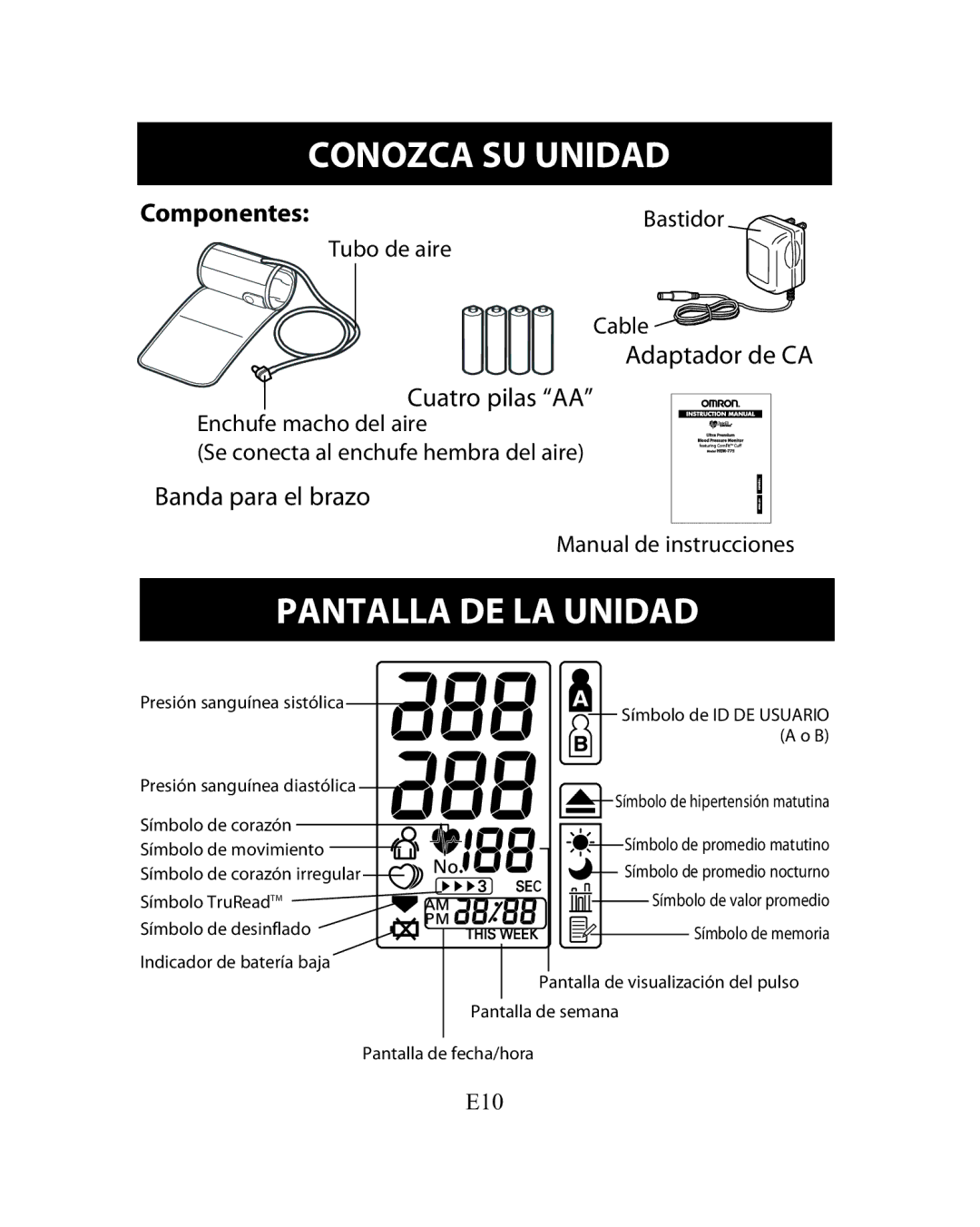 Omron Healthcare HEM-775 instruction manual Pantalla DE LA Unidad, ComponentesBastidor 