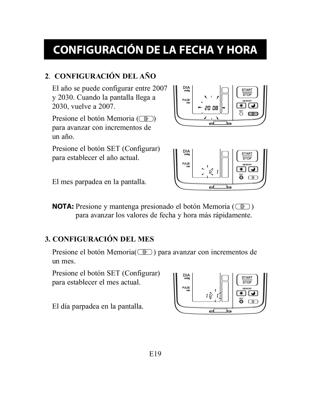 Omron Healthcare HEM-775 instruction manual Configuración DEL AÑO, Configuración DEL MES 