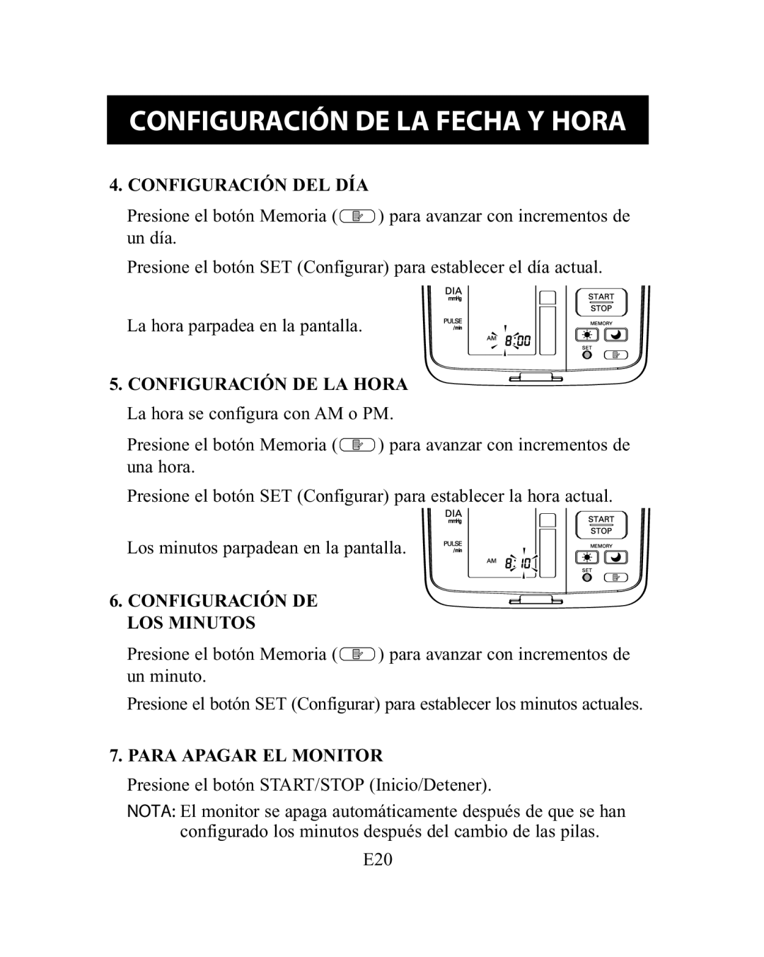 Omron Healthcare HEM-775 instruction manual Configuración DEL DÍA, Configuración DE LA Hora, Configuración DE LOS Minutos 