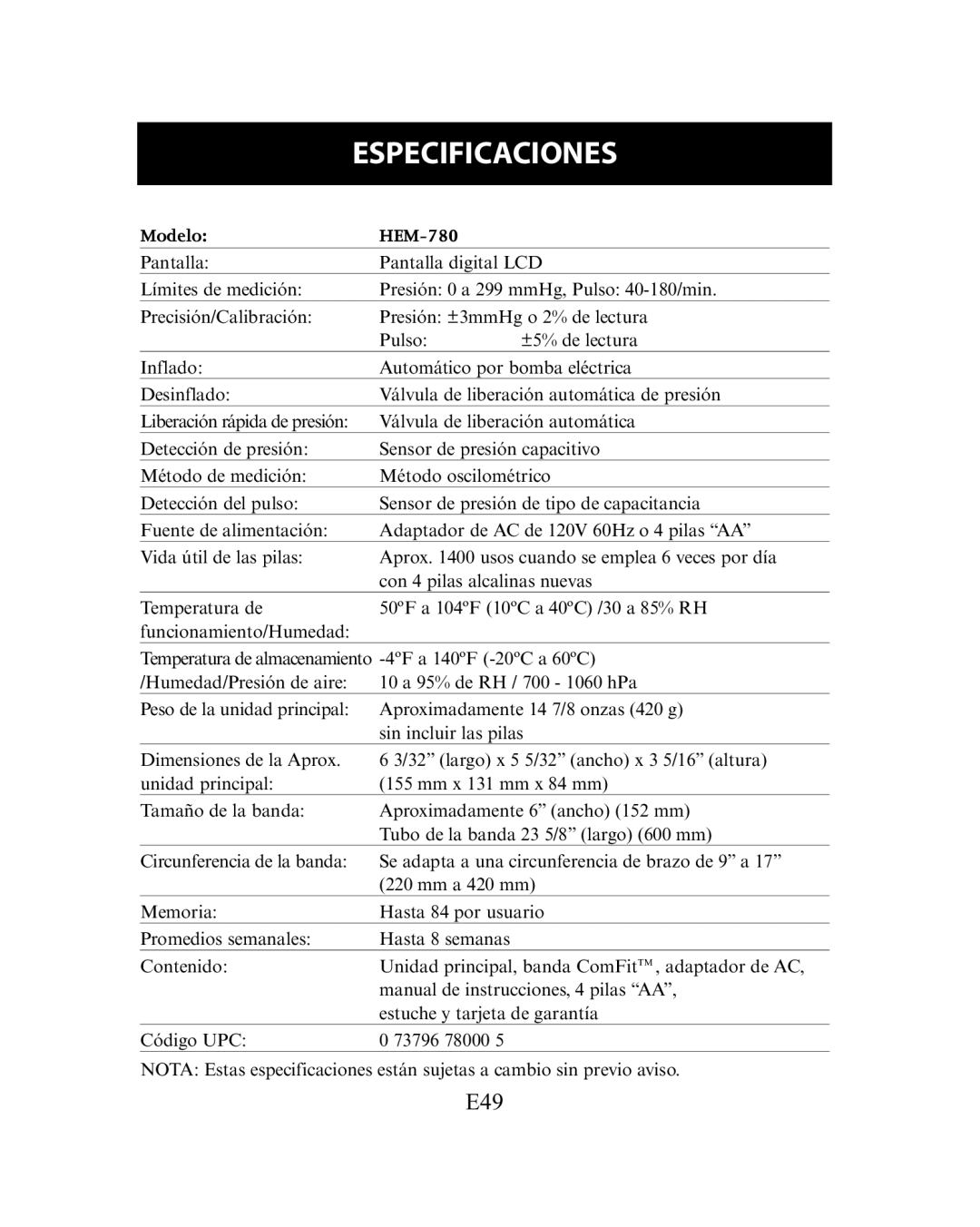 Omron Healthcare instruction manual Especificaciones, Modelo HEM-780 