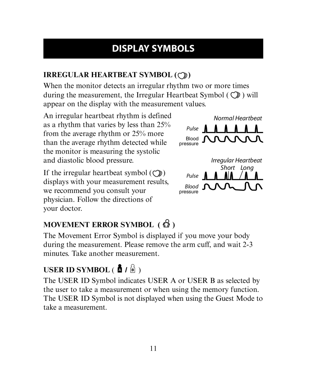 Omron Healthcare HEM-780 Display Symbols, Irregular Heartbeat Symbol, Movement Error Symbol, User ID Symbol 