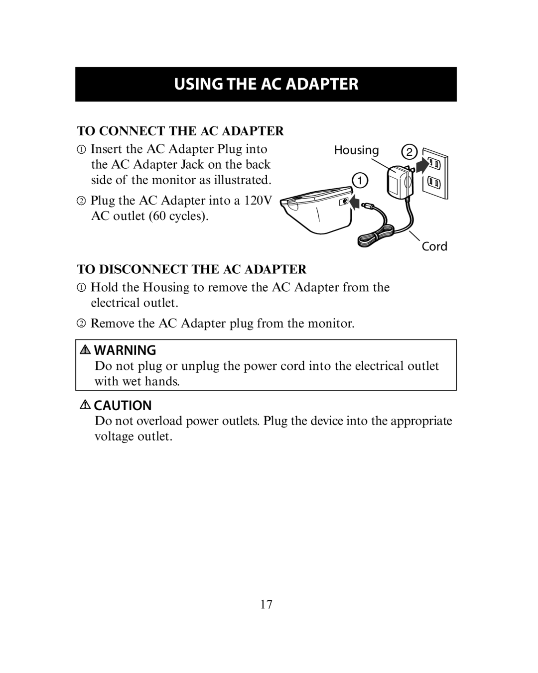 Omron Healthcare HEM-780 instruction manual To Connect the AC Adapter, To Disconnect the AC Adapter 