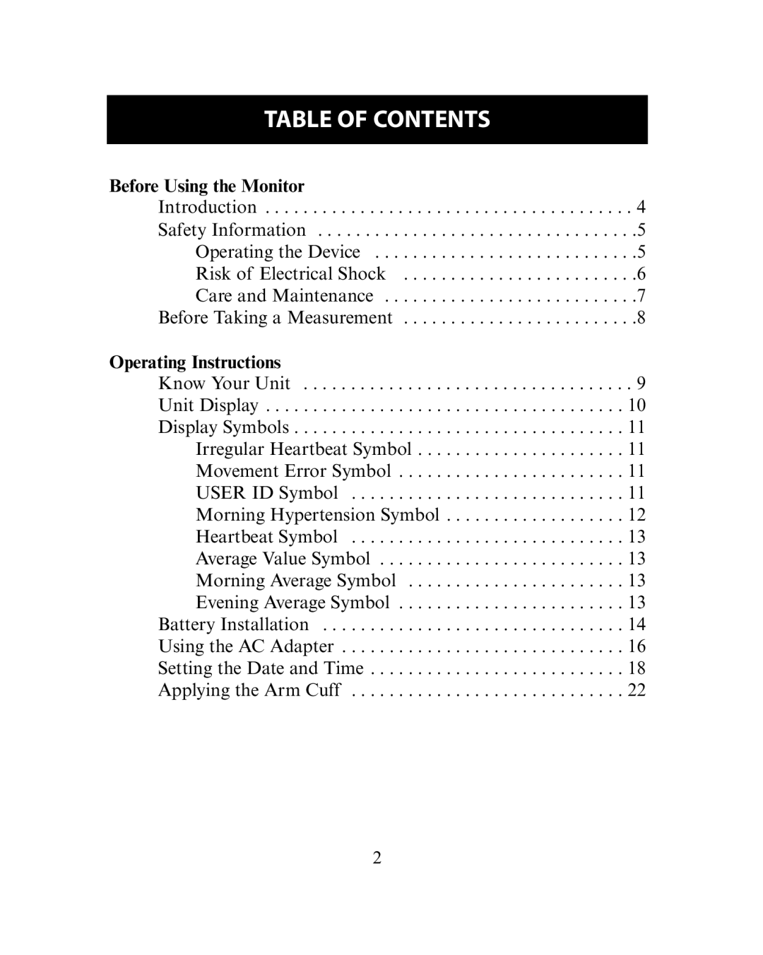 Omron Healthcare HEM-780 instruction manual Table of Contents 