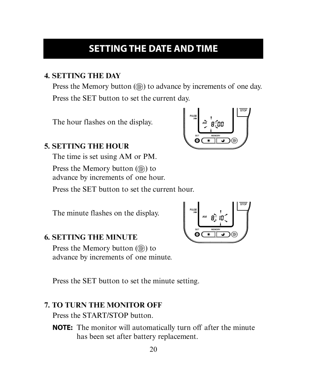 Omron Healthcare HEM-780 instruction manual Setting the DAY, Setting the Hour, Setting the Minute 