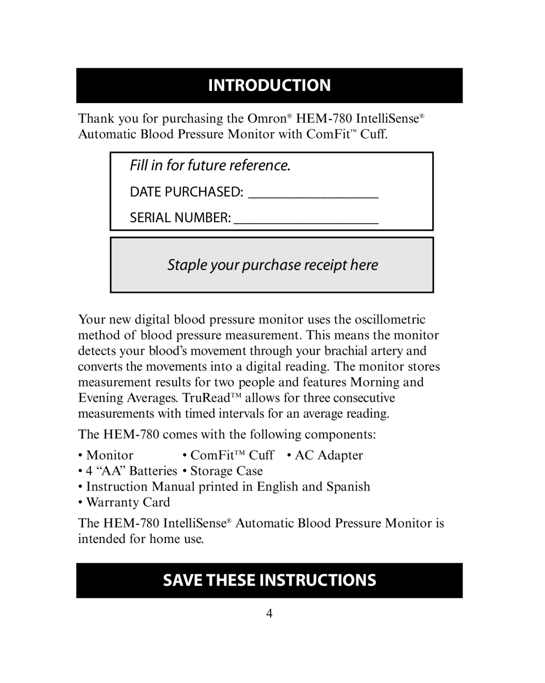 Omron Healthcare HEM-780 instruction manual Introduction, Staple your purchase receipt here 