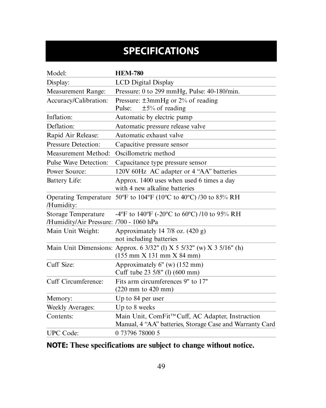 Omron Healthcare HEM-780 instruction manual Specifications 