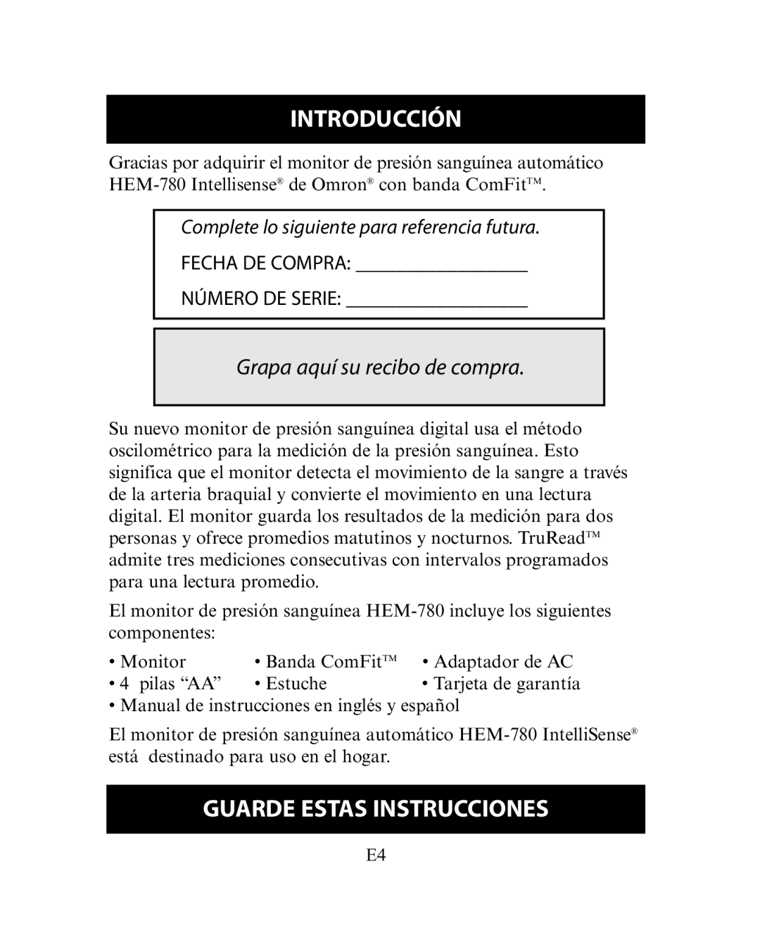 Omron Healthcare HEM-780 instruction manual Introducción, Guarde Estas Instrucciones 