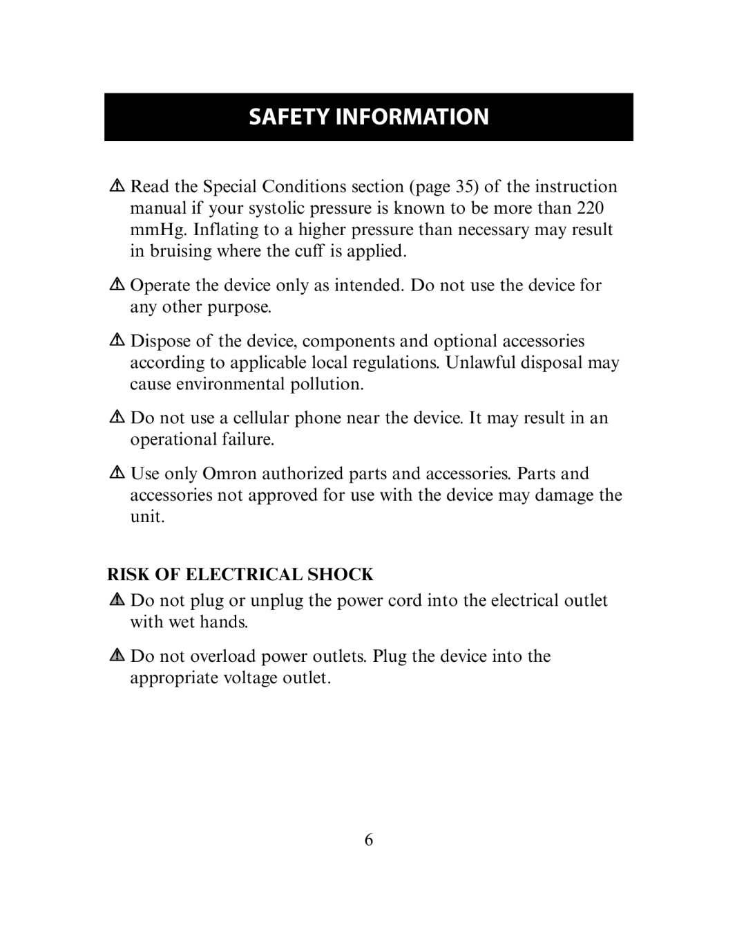 Omron Healthcare HEM-780 instruction manual Risk of Electrical Shock 