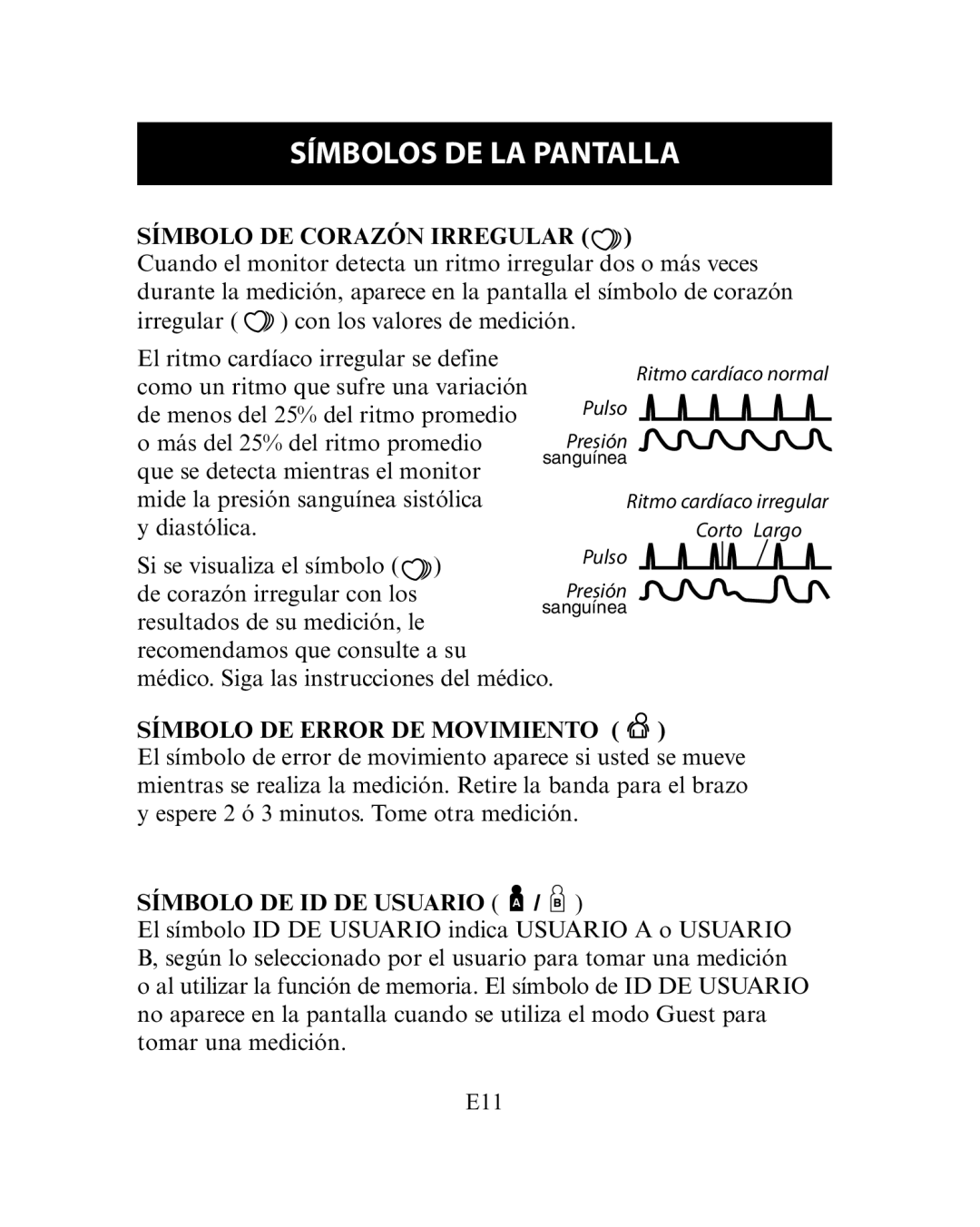 Omron Healthcare HEM-780 Símbolos DE LA Pantalla, Símbolo DE Corazón Irregular, Símbolo DE Error DE Movimiento 