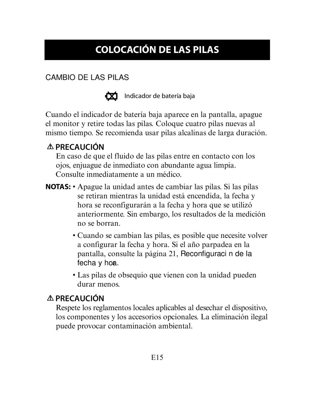 Omron Healthcare HEM-780 instruction manual Colocación DE LAS Pilas, Cambio DE LAS Pilas 