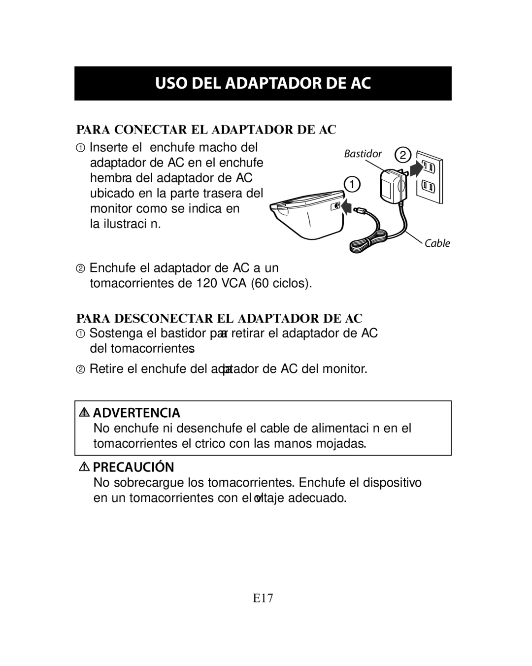 Omron Healthcare HEM-780 instruction manual Para Conectar EL Adaptador DE AC, Para Desconectar EL Adaptador DE AC 