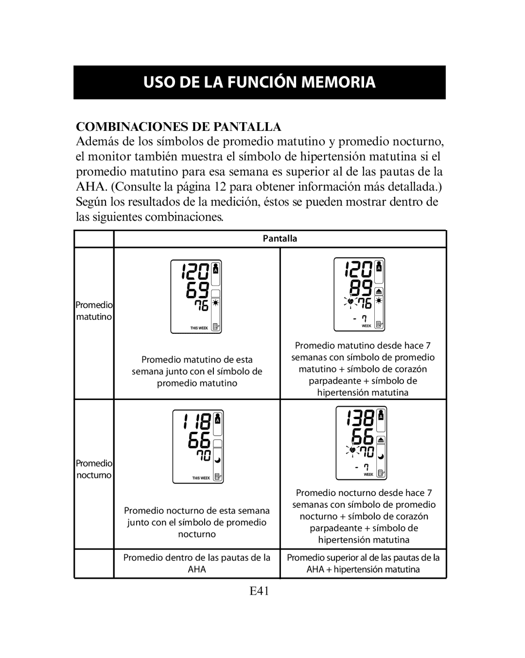 Omron Healthcare HEM-780 instruction manual Combinaciones DE Pantalla 