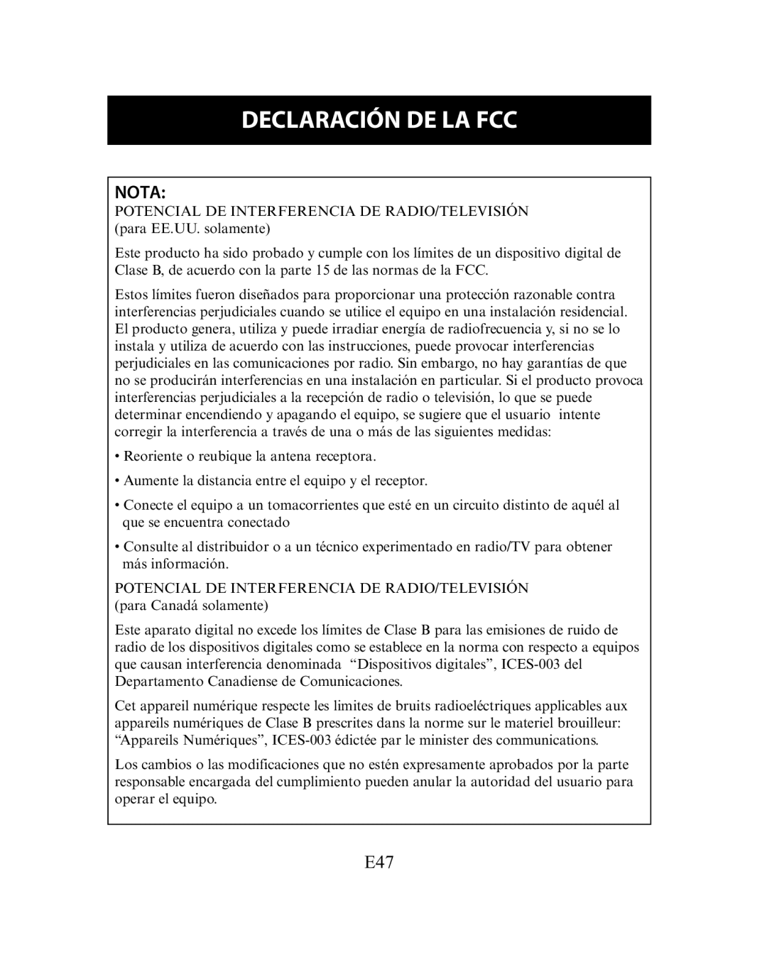 Omron Healthcare HEM-780 instruction manual Declaración DE LA FCC, Nota 