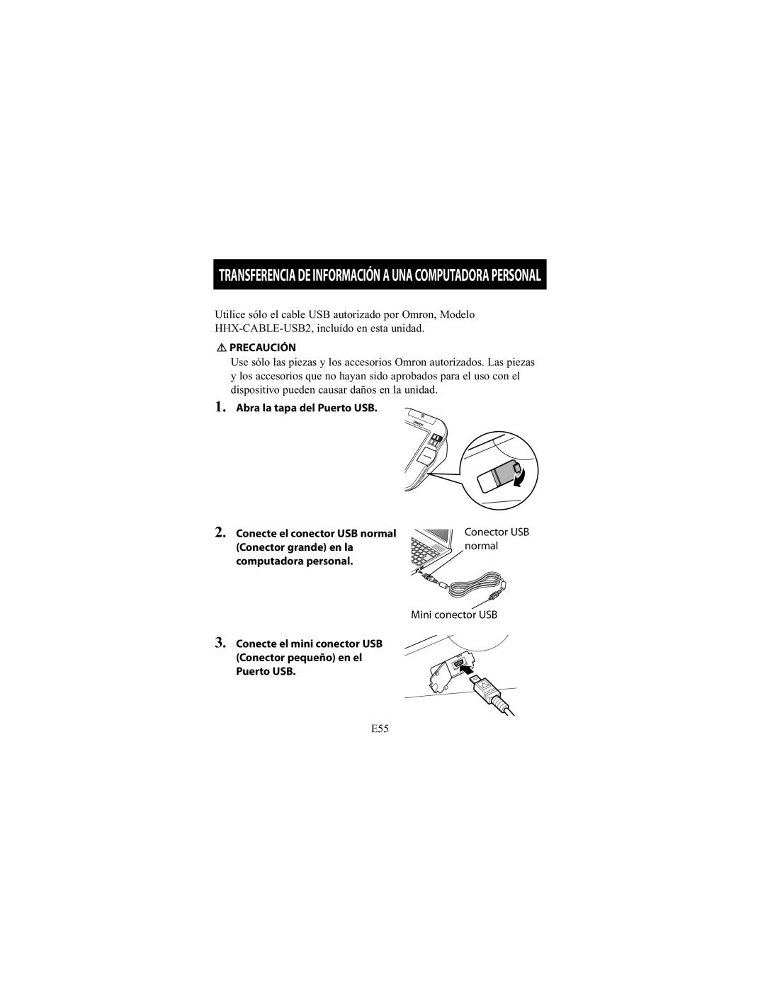 Omron Healthcare HEM-790IT instruction manual Conector USB normal Mini conector USB 