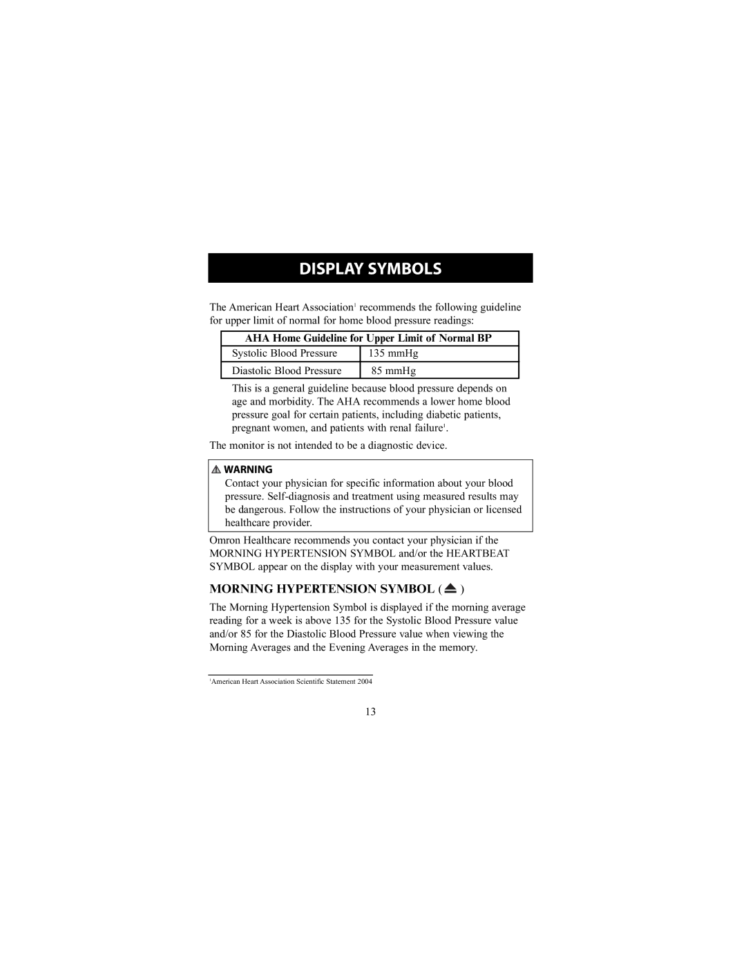 Omron Healthcare HEM-790IT instruction manual Morning Hypertension Symbol, AHA Home Guideline for Upper Limit of Normal BP 