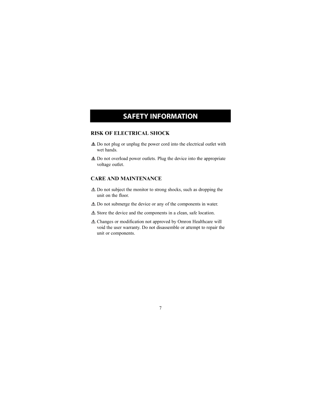 Omron Healthcare HEM-790IT instruction manual Risk of Electrical Shock, Care and Maintenance 