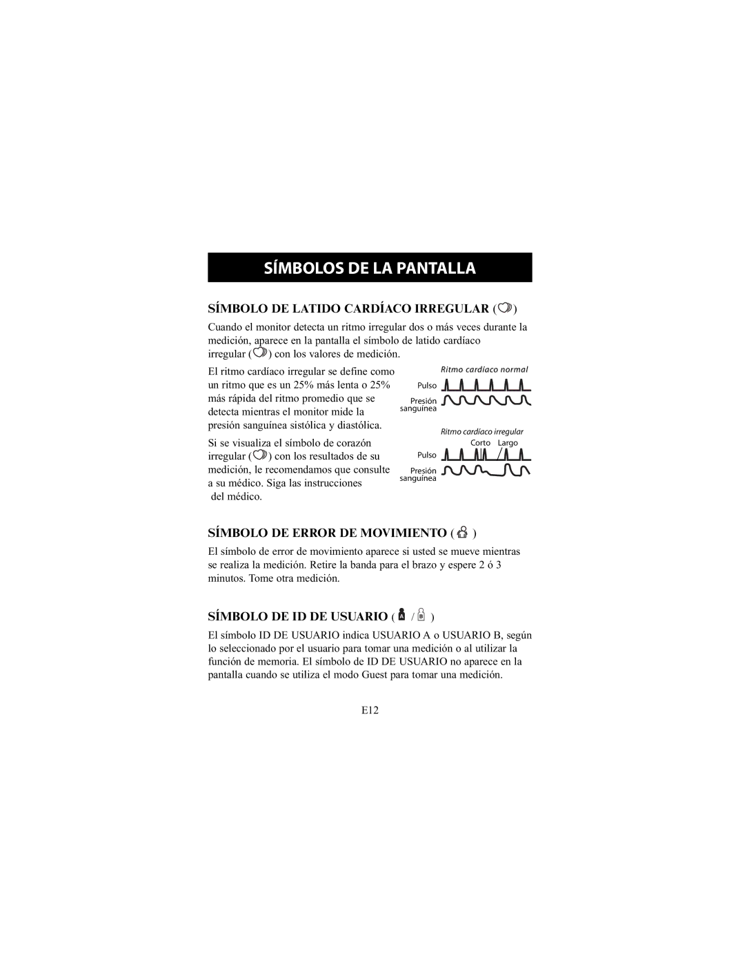 Omron Healthcare HEM-790IT Símbolos DE LA Pantalla, Símbolo DE Latido Cardíaco Irregular, Símbolo DE Error DE Movimiento 