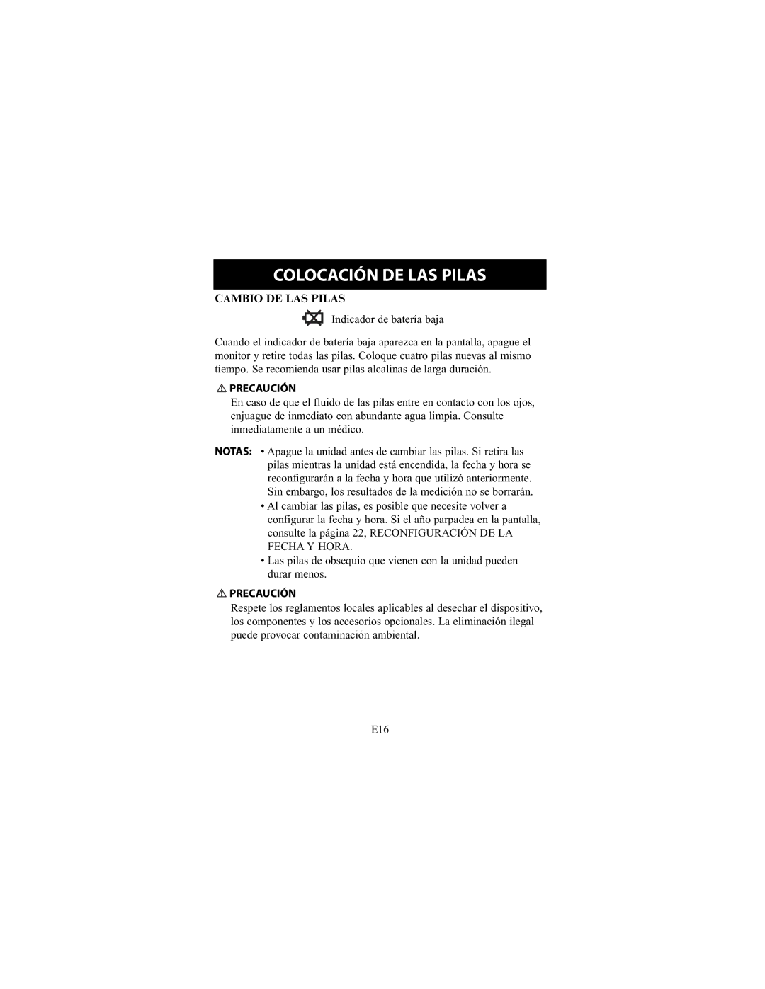 Omron Healthcare HEM-790IT instruction manual Cambio DE LAS Pilas, Precaución 